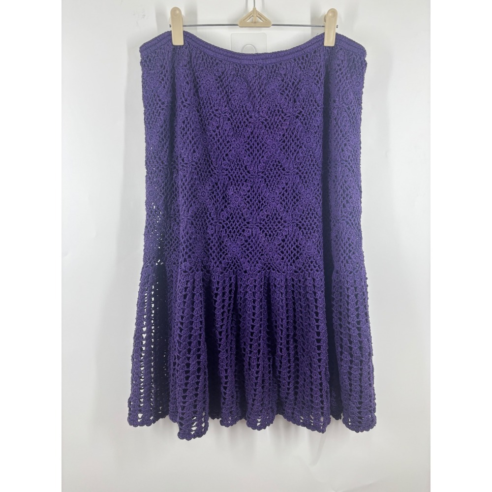 Vintage Purple Crochet Cotton Midi Skirt Lined Boho Knit Flare XL